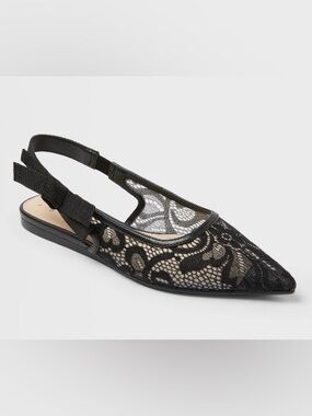 a new day Black Lace Pointed Slingback Flats with Bow